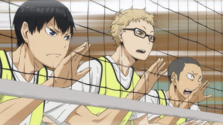 Tobio Kageyama, Kei Tsukishima, Ryūnosuke Tanaka in the game against Date Tech on Haikyuu!!