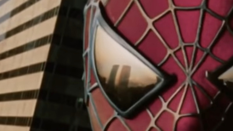 Spider-Man's eye reflects Twin Towers