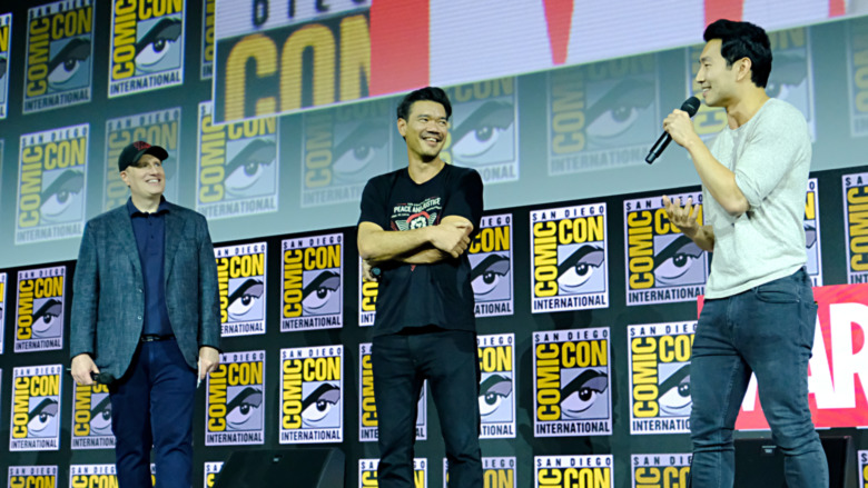 Simu Liu, Kevin Feige and Destin Daniel Cretton