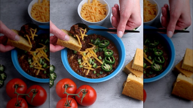 Hands serving Heather's Choice chili