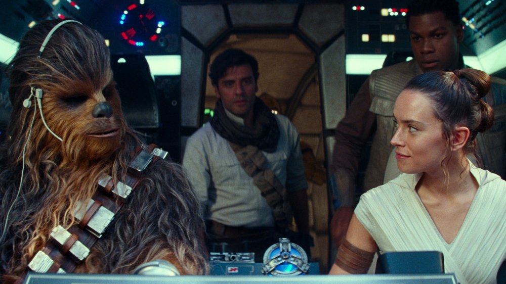 Chewbacca, Rey, Poe, and Finn in Star Wars: The Rise of Skywalker