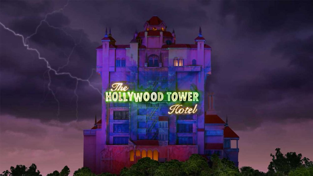 Promo photo of the Tower of Terror at Hollywood Studios night