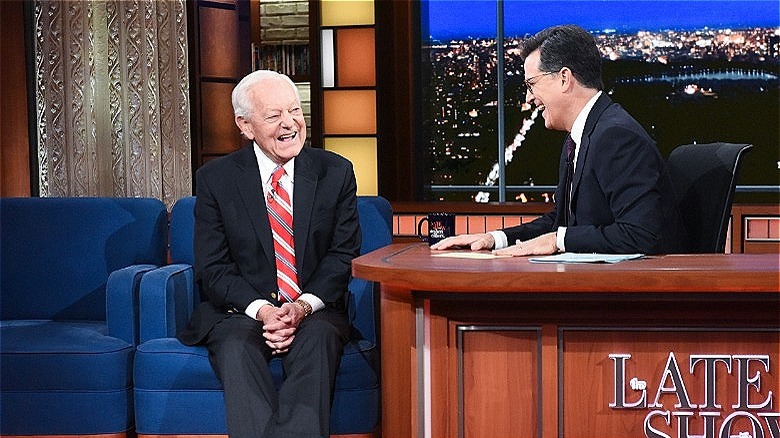 Bob Schieffer and Stephen Colbert laughing