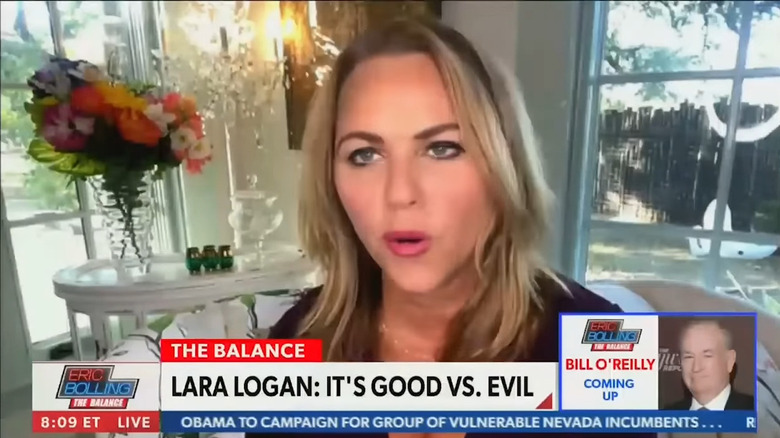 Lara Logan giving an interview to Newsmax 