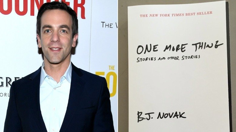 Split image of BJ Novak and his book of short stories, One More Thing