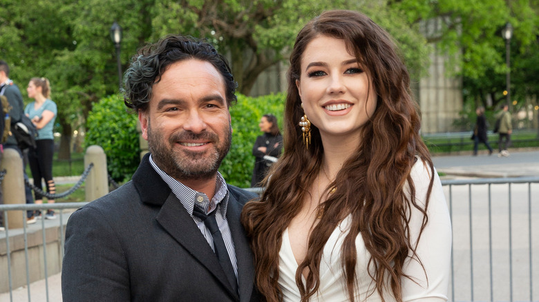 Johnny Galecki and Alaina Meyer smiling outside