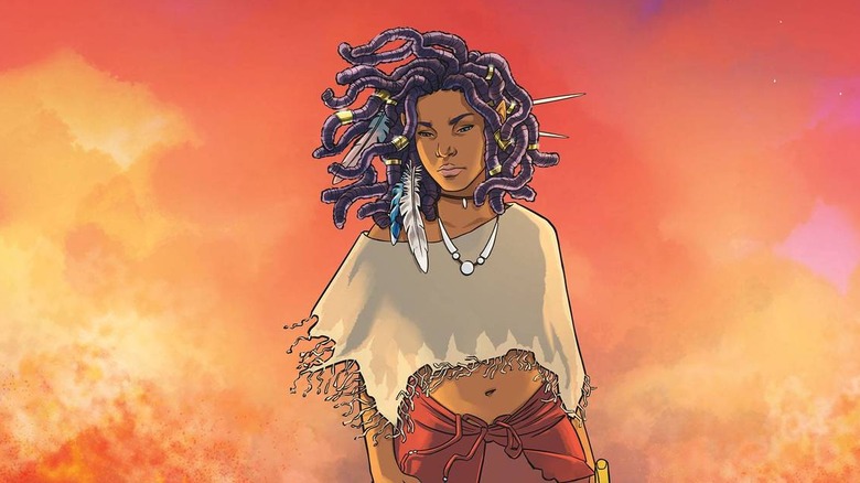 An illustration of Niobe standing triumphant in front of a sunset