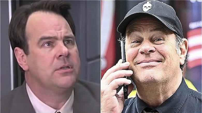 Split image: Aykroyd in Evolution 2001, Aykroyd on the phone in a black hat 2023