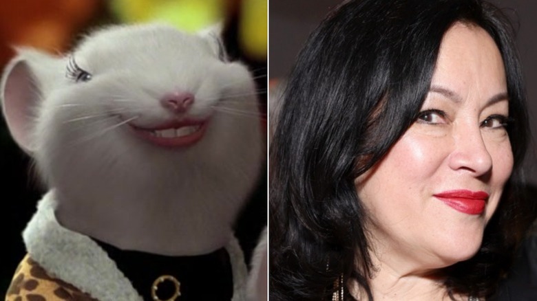 A smiling white mouse and Jennifer Tilly in 2022