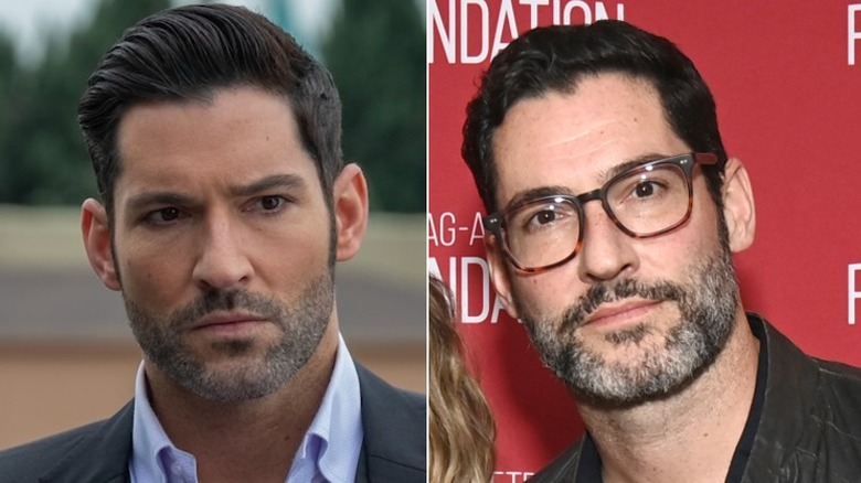 Tom Ellis as Lucifer in Lucifer and Tom Ellis in 2024