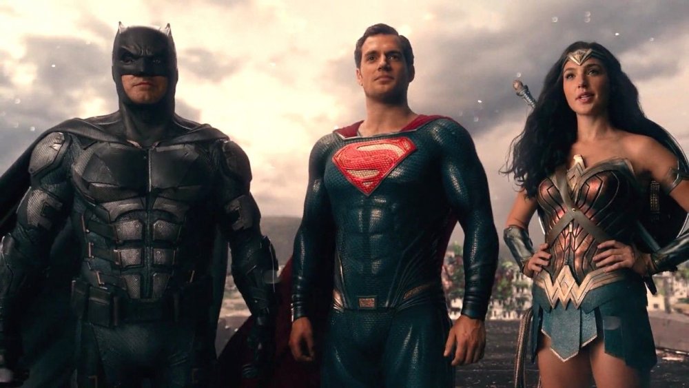 Ben Affleck as Batman, Henry Cavill as Superman, and Gal Gadot as Wonder Woman