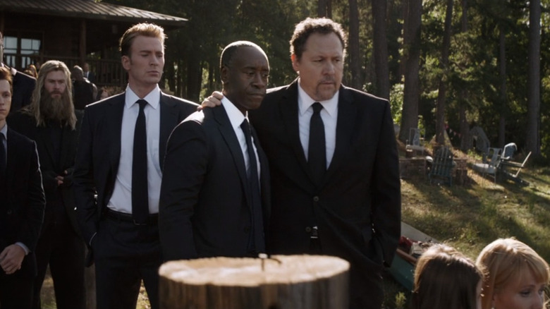 Captain America, Rhodey, and Happy in black suits