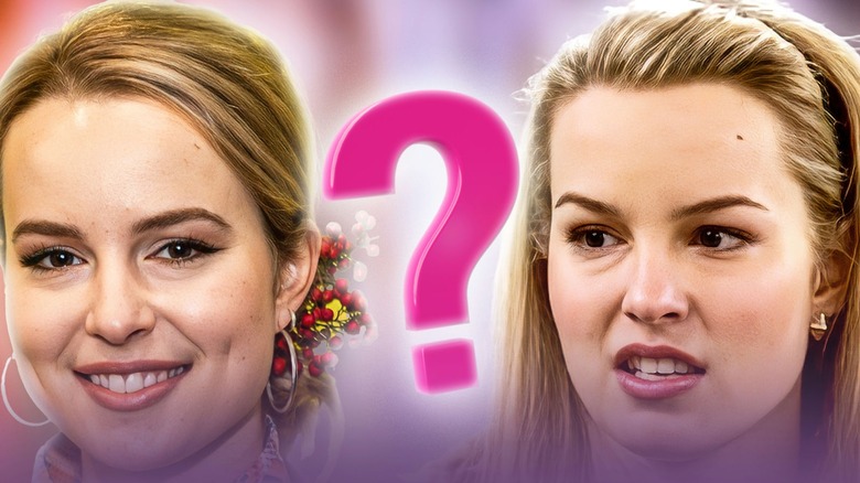 Side by side photos of Bridgit Mendler with a question mark in the middle