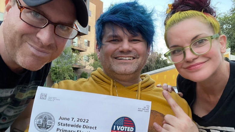 Joey Jsf, Matt Beebe, and Pauley posing with a voting sticker