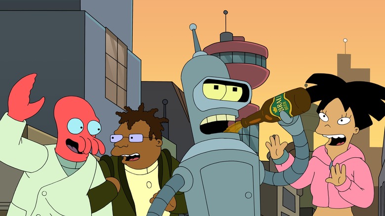 Zoidberg, Hermes, Bender, and Amy celebrate