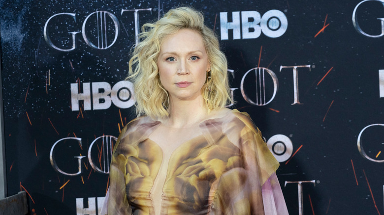 New York, NY - April 3, 2019: Gwendoline Christie wearing dress by Iris van Herpen attends HBO Game of Thrones final season premiere at Radio City Music Hall