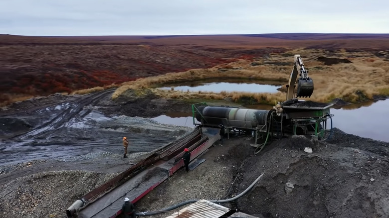 gold mining with Alaskan wilderness behind 