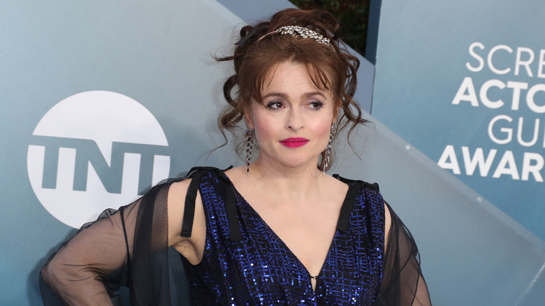 Helena Bonham Carter wearing blue and black sheer dress