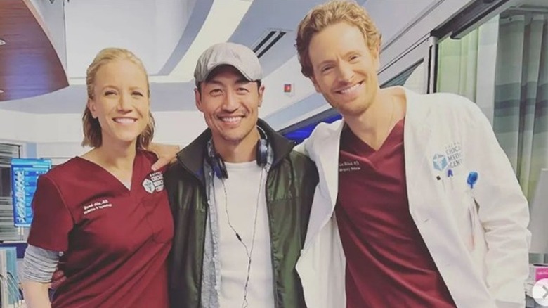 Jessy Schram, Brian Tee and Nick Gehlfuss on the set