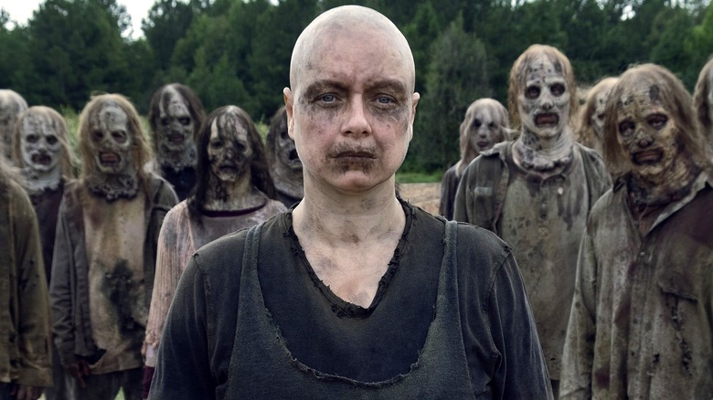 Alpha standing before her pack of Whisperers on The Walking Dead