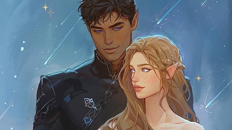 Rhys stands behind Feyre, both are dressed up and witnessing the Starfall phenomenon