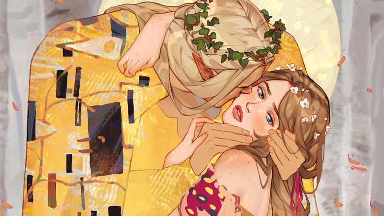 An illustration of Tamlin kissing and holding Feyre in the style of The Kiss, a painting by Gustav Klimt