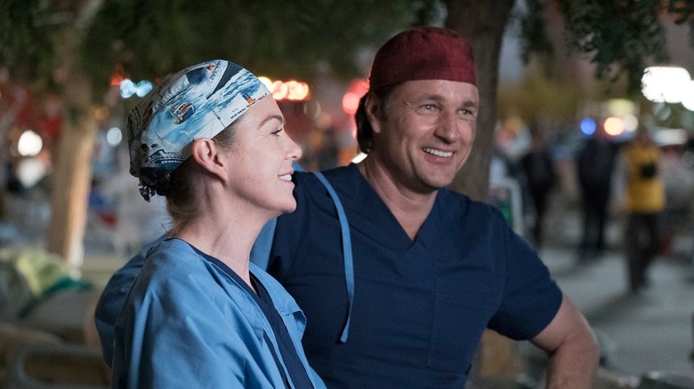 Meredith in Derek's ferryboat scrub cap