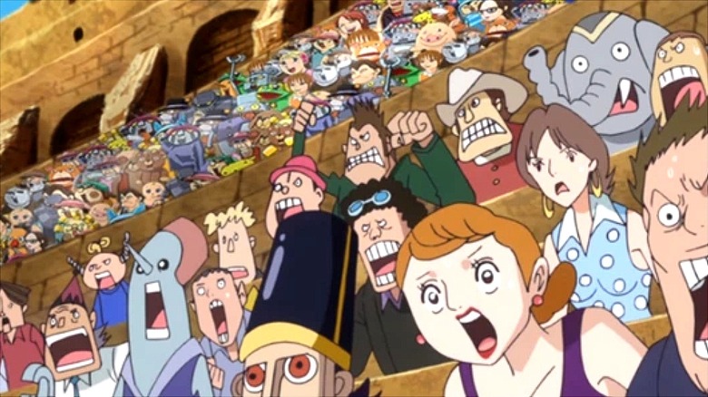 A shocked-looking ccrowd in One Piece