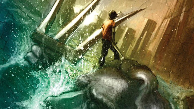 Percy Jackson on flooded Poseidon statue