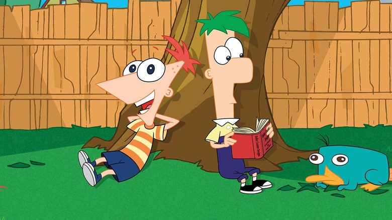 Phineas, Ferb, and Perry the Platypus in their backyard