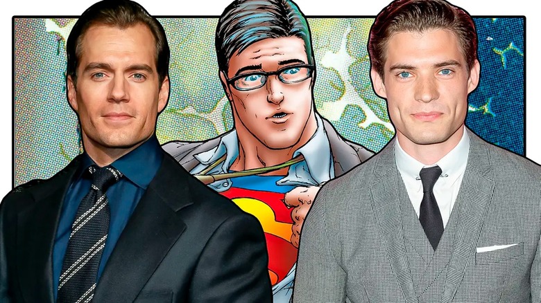 Cavill and Corenswet with comic book Superman