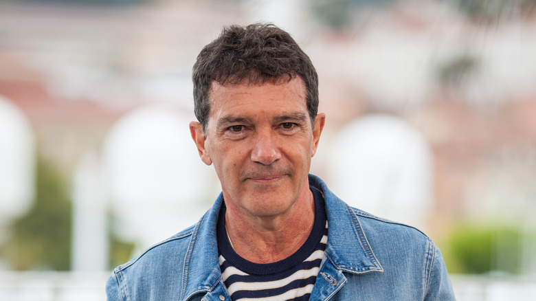 Antonio Banderas denim jacket at Cannes 