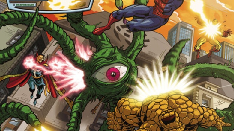 Shuma-Gorath fighting various Marvel heroes