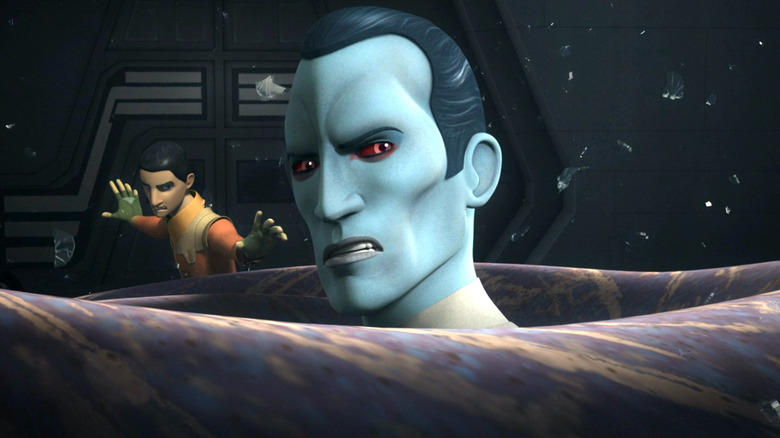 Ezra Bridger stands behind Grand Admiral Thrawn