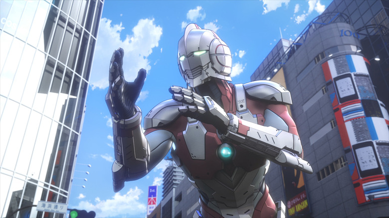 Ultraman fighting in a city