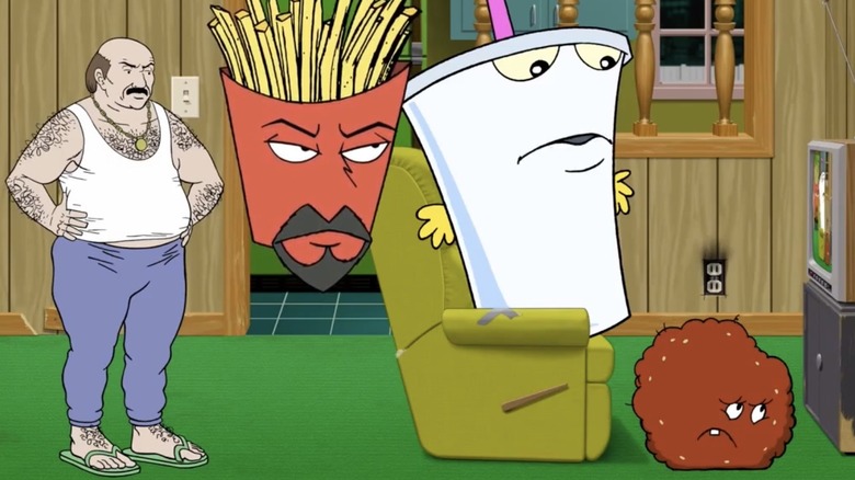 Carl, Frlylock, Shake, and Meatwad watching TV on Aqua Teen Hunger Force