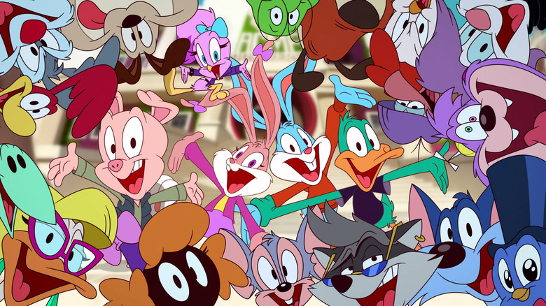 Tiny Toons Looniversity cast smiling and posing in a big group