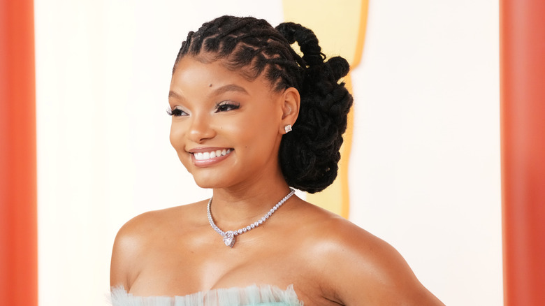 Halle Bailey wearing diamond necklace 