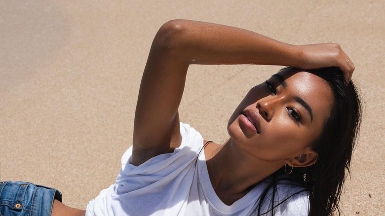 Model Amber Abara poses for a beach snap