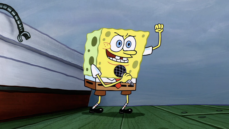 SpongeBob holding mic