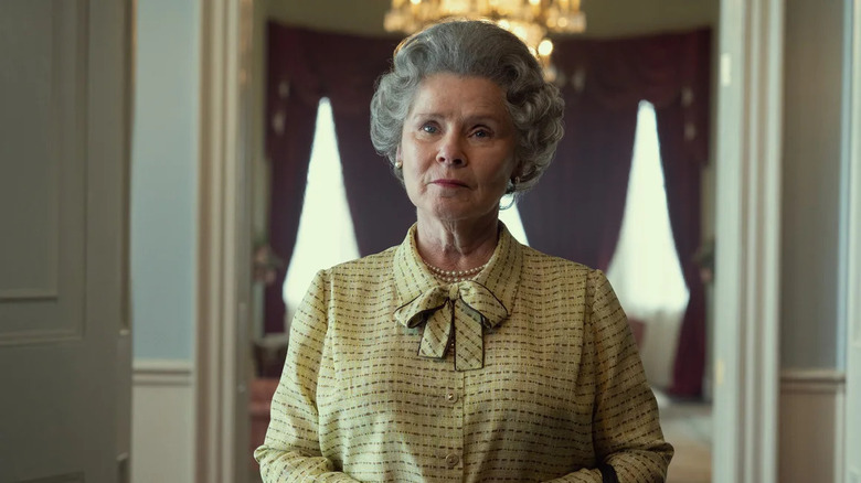 Imelda Staunton as Queen Elizabeth in a yellow blouse on The Crown