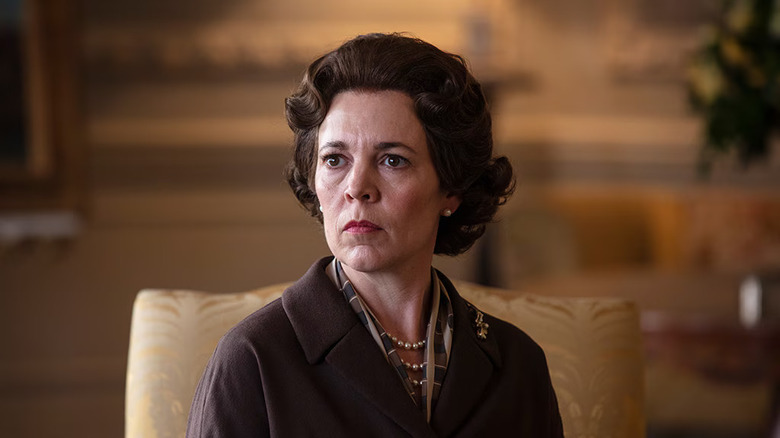 Olivia Colman as Queen Elizabeth II looking stern on The Crown