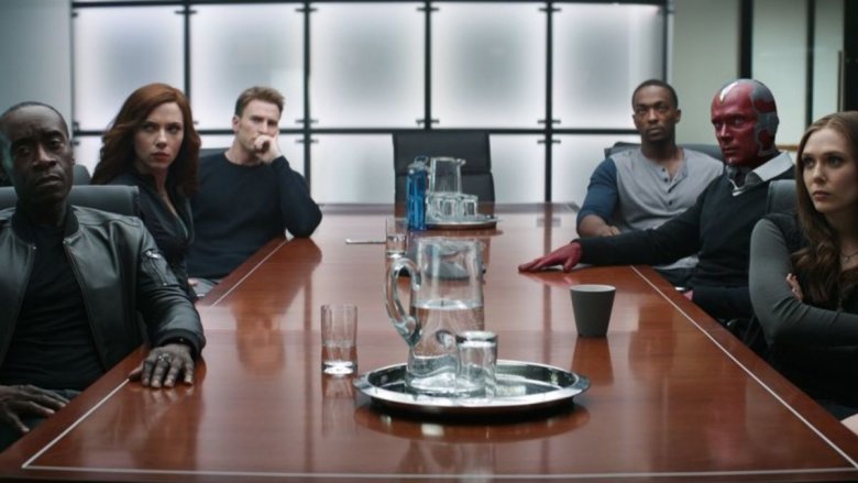 Don Cheadle, Scarlett Johansson, Chris Evans, Anthony Mackie, Paul Bettany, and Elizabeth Olsen in Captain America: Civil War