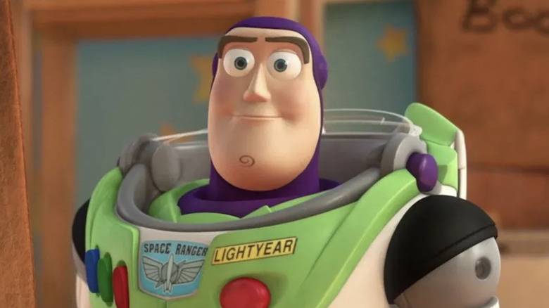 Buzz Lightyear looks ahead happily