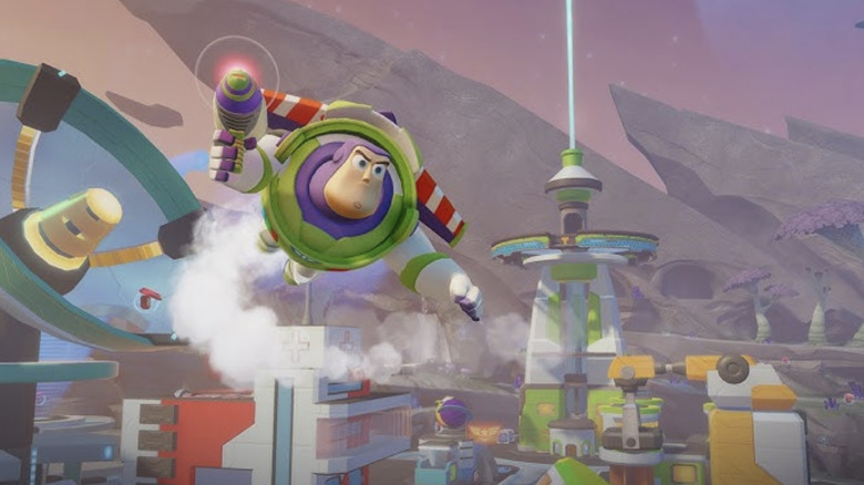 Buzz Lightyear soars through the clouds