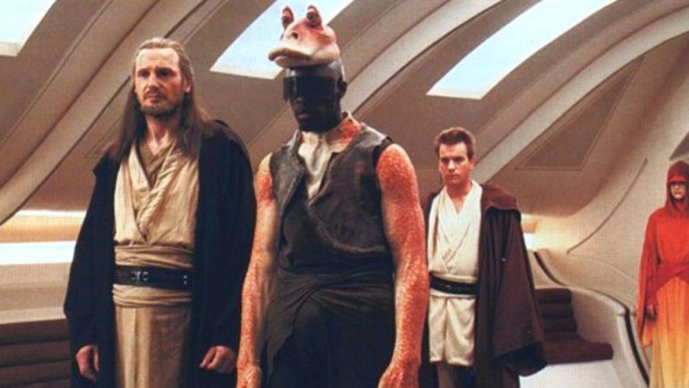 Liam Neeson, Ahmed Best and Ewan McGregor in a behind the scenes shot for The Phantom Menace