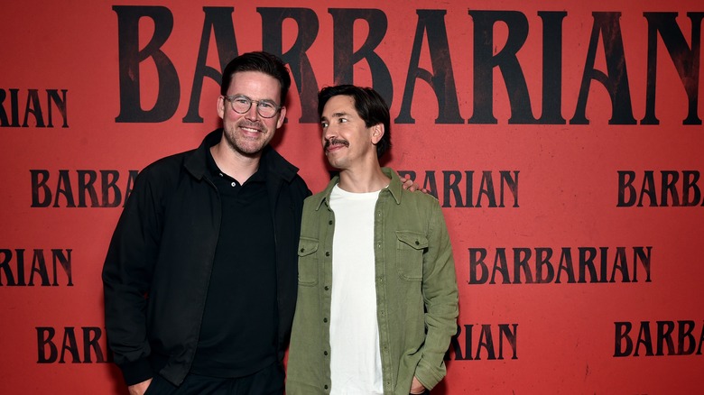 Zach Cregger & Justin Long smiling at Barbarian premiere