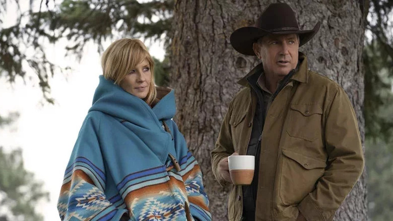 Kelly Reilly and Kevin Costner talking in Yellowstone