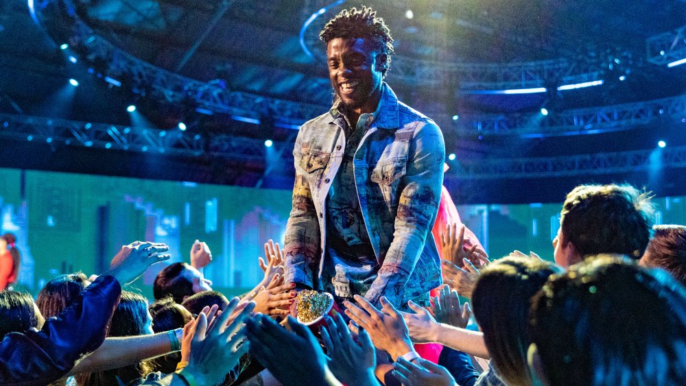 Actor Chadwick Boseman accepts the Best Performance in a Movie award for 'Black Panther' onstage during the 2018 MTV Movie And TV Awards at Barker Hangar on June 16, 2018 in Santa Monica, California