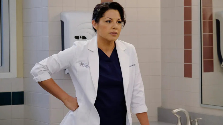 Callie Torres in scrubs and a white coat standing in a bathroom on Grey's Anatomy